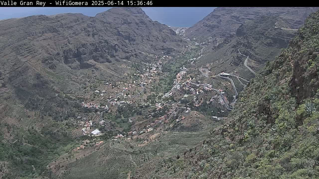 A mountainous valley town is nestled between steep, rocky cliffs under a mostly clear sky.