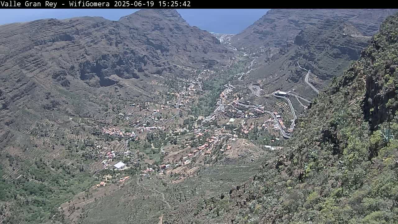 A high-angle view shows a town nestled in a valley between steep, rocky mountains on a sunny day.