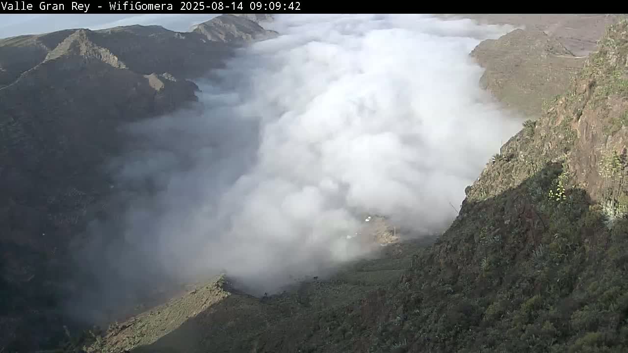 A valley is shrouded in thick fog, with rocky, vegetation-covered hillsides visible above the clouds.