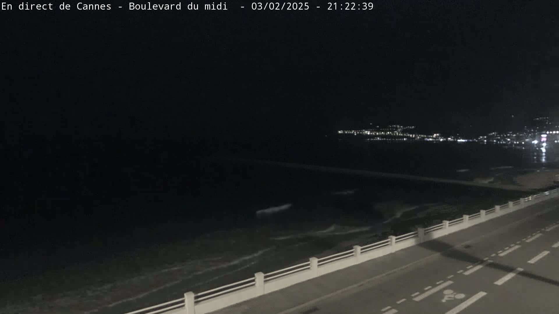 A nighttime view of a dark ocean with gentle waves lapping against a seawall next to a roadway.