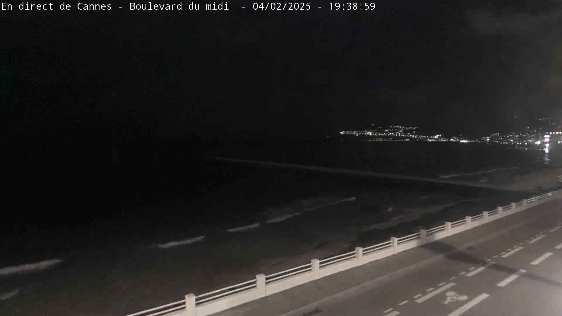A nighttime view of a dark ocean with small waves lapping a shoreline, next to a road with a low white railing, and distant city lights across the water.