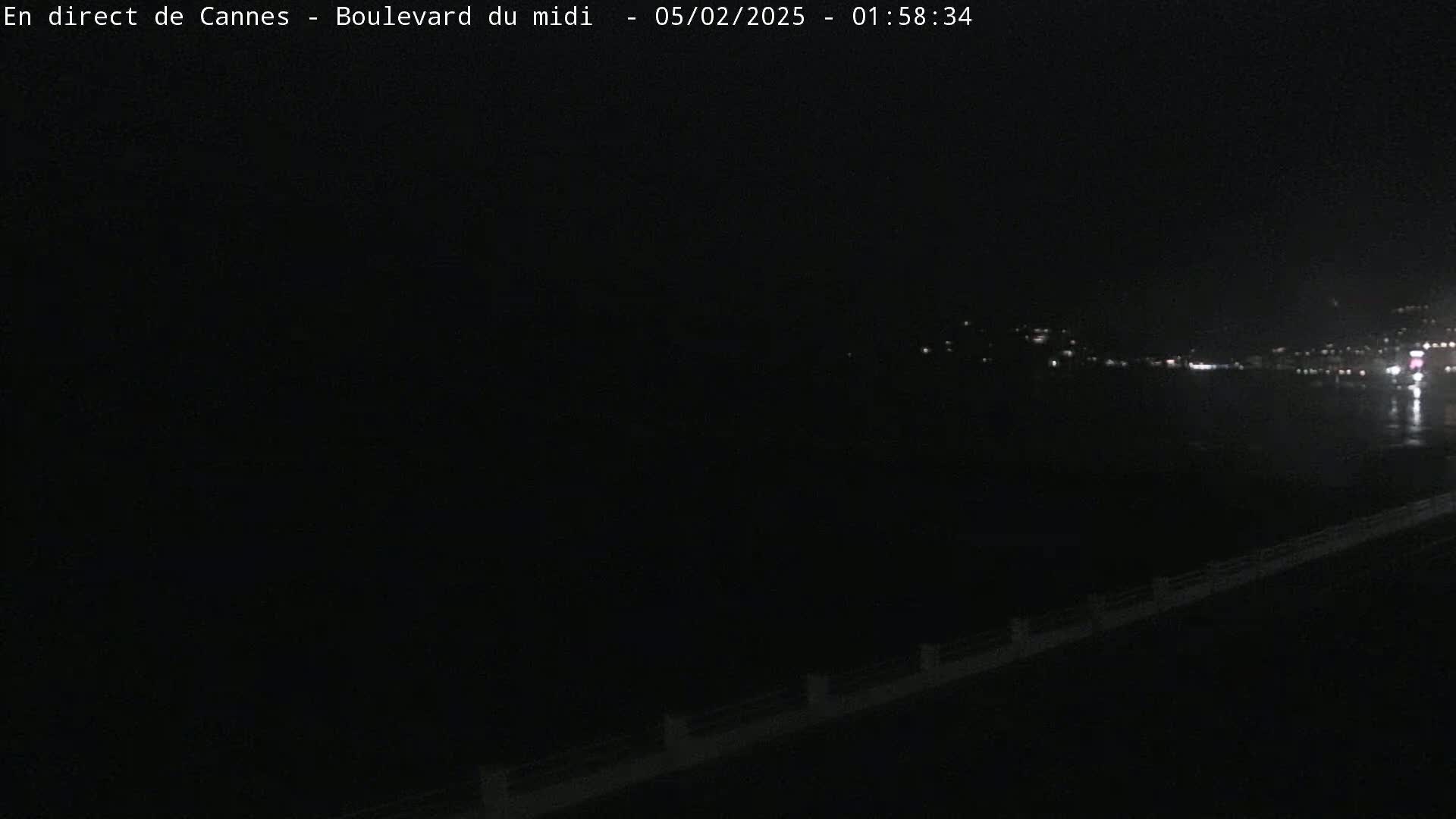 A nighttime, dark view of a body of water with distant lights on the shore.