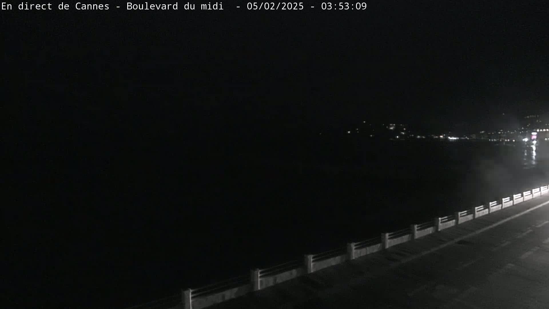 A dark, nighttime view of a roadway next to a body of water with distant lights visible across the water.