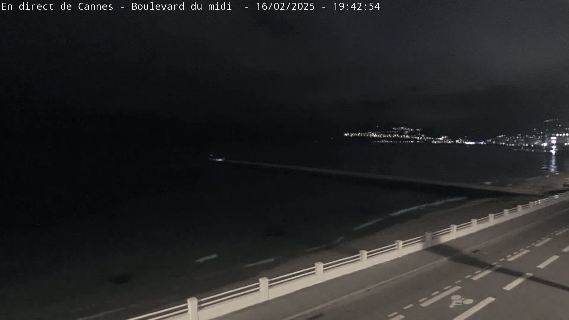 A nighttime coastal scene shows a dark ocean with small waves lapping against a seawall next to a road with bike lane markings.