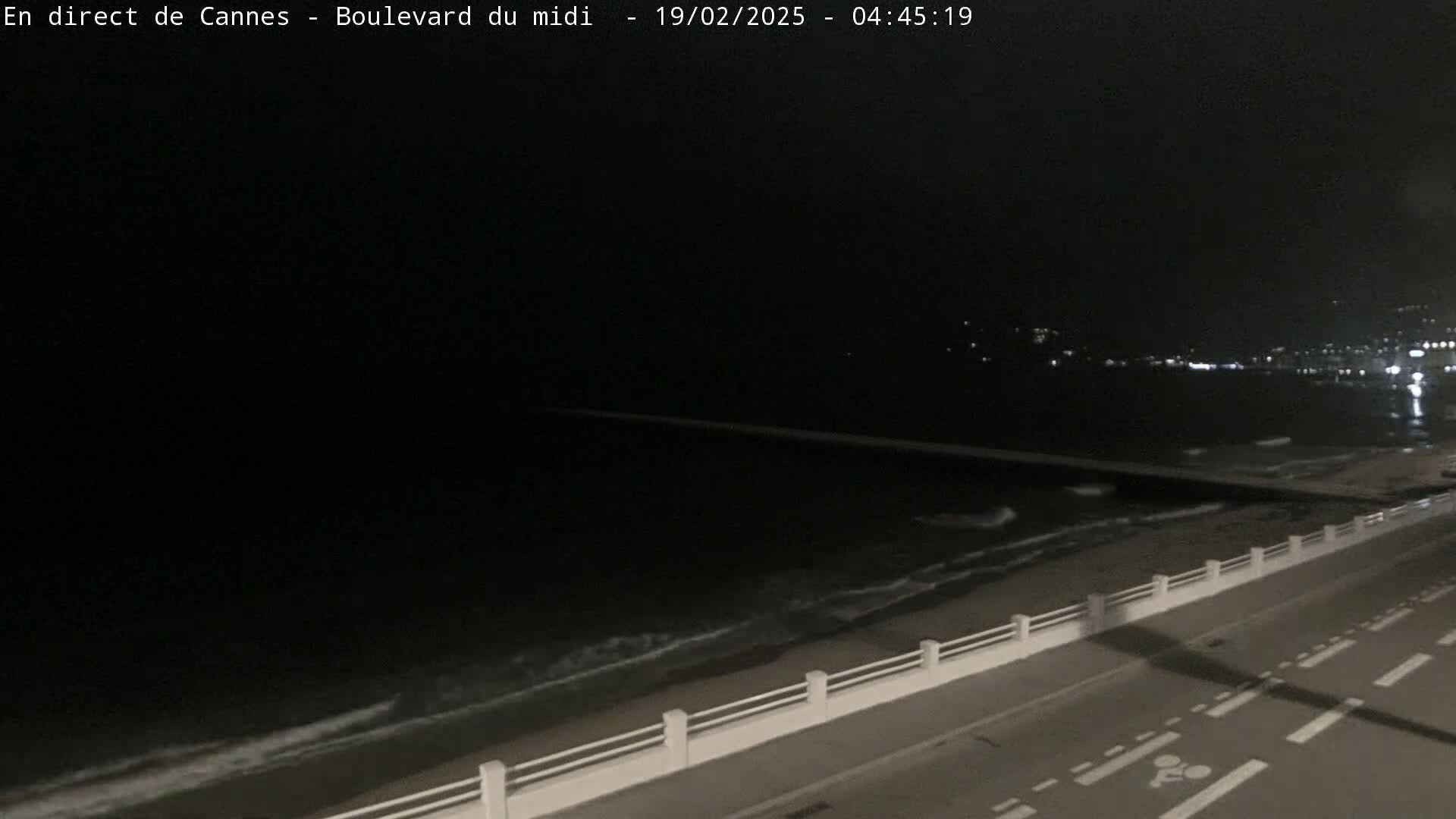 A nighttime view of a dark ocean with small waves lapping a shoreline, bordered by a paved road with a low white railing.