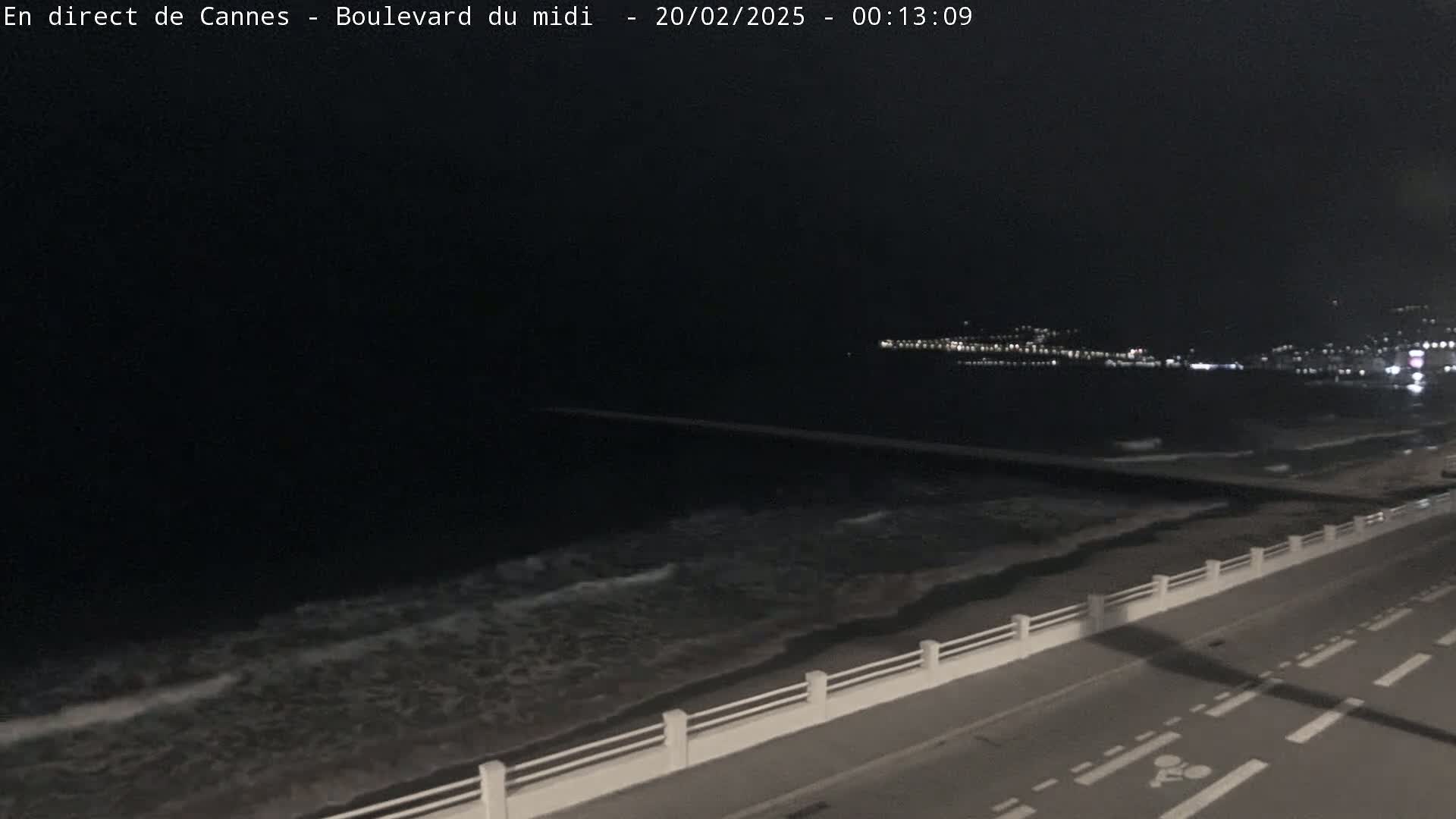 A nighttime view of a dark ocean with gentle waves lapping the shore, a road with a dividing barrier, and distant city lights.