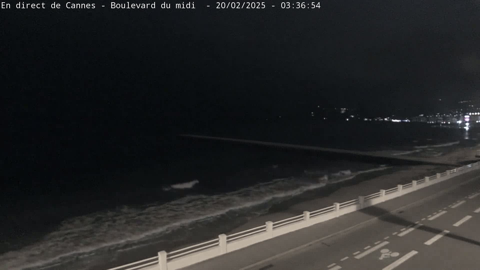 A dark, nighttime coastal scene shows gently rolling waves lapping a beach next to a paved road with bike lanes.