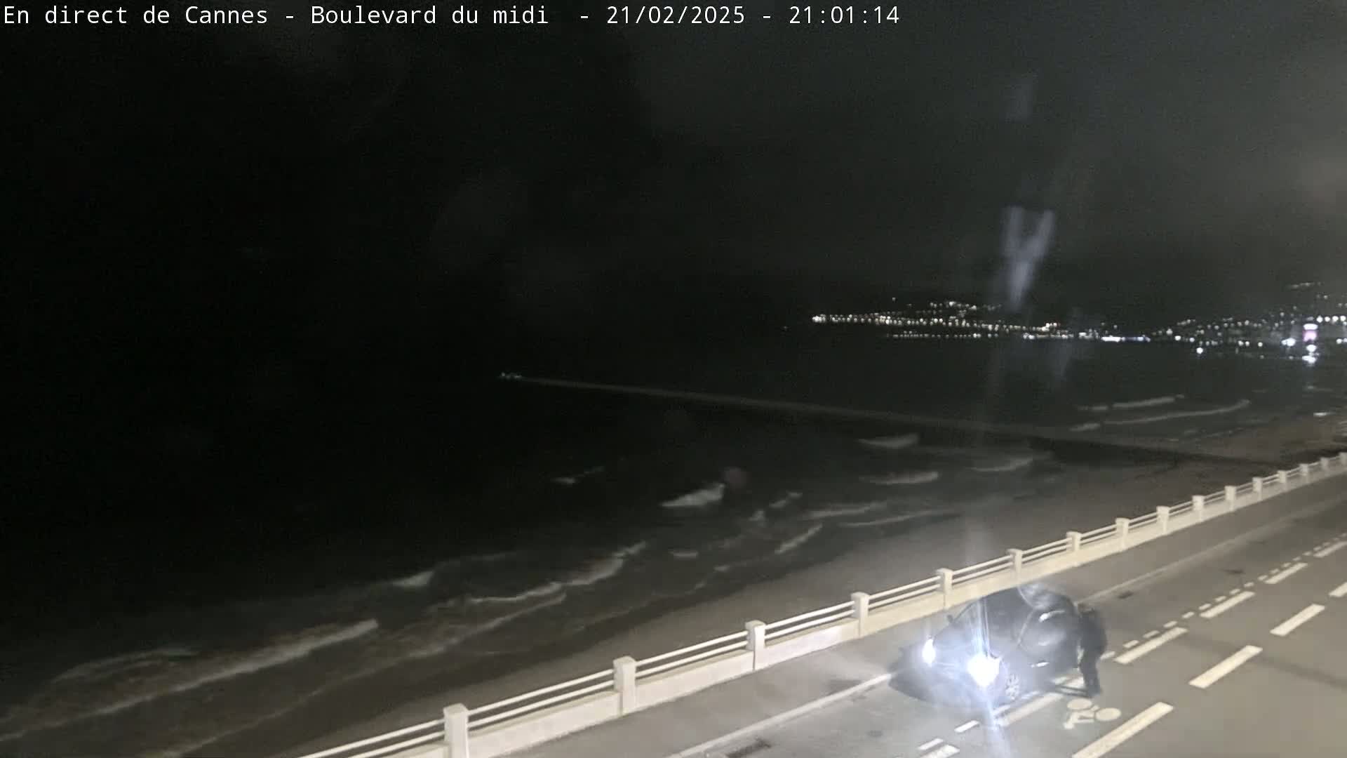 A dark car is parked on a road next to a beach at night, with gently lapping waves visible in the dark water and city lights in the distance.