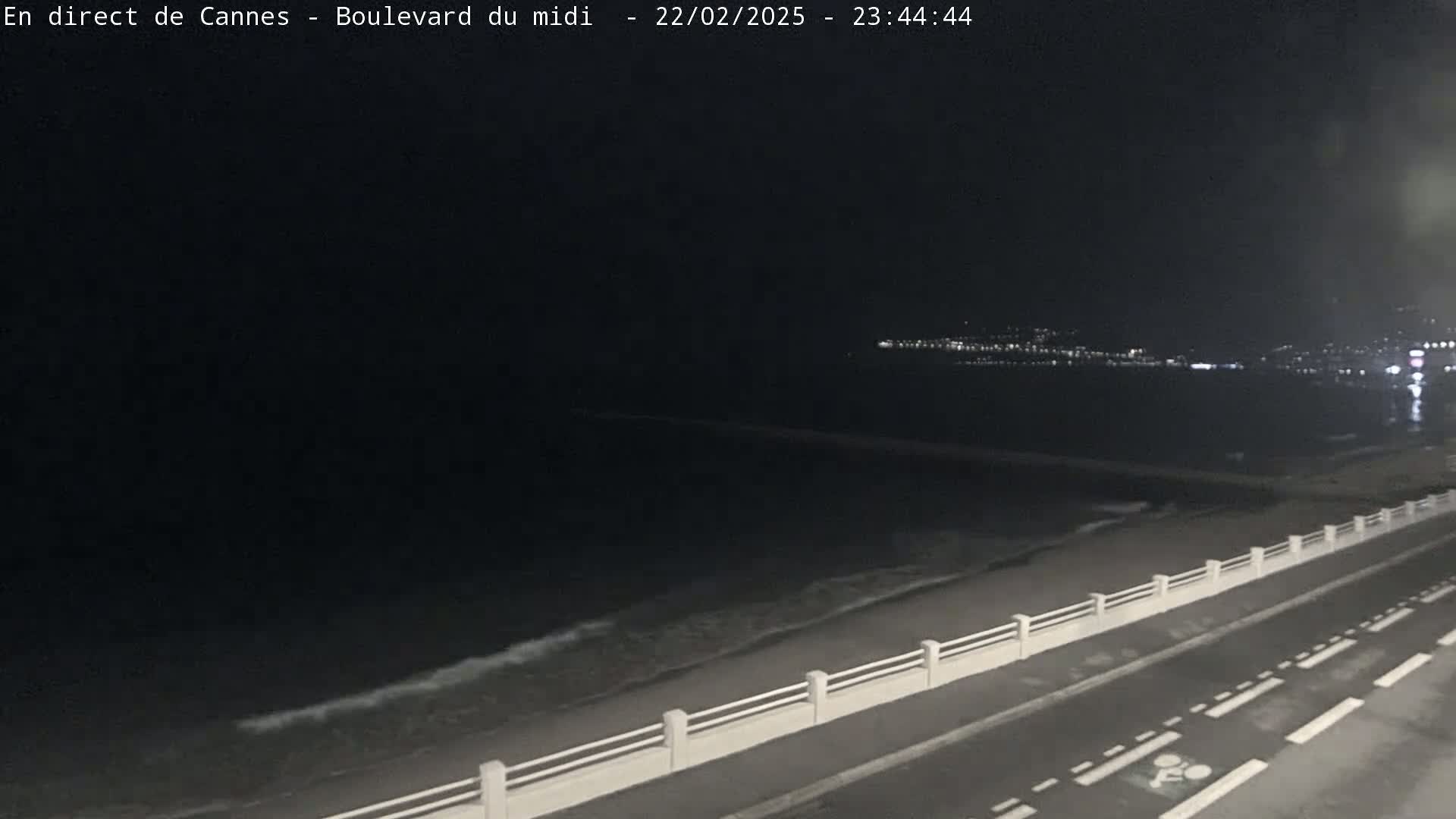 A nighttime view of a coastal road with a low white railing separating it from a dark ocean with small waves, and a city skyline faintly visible in the distance.