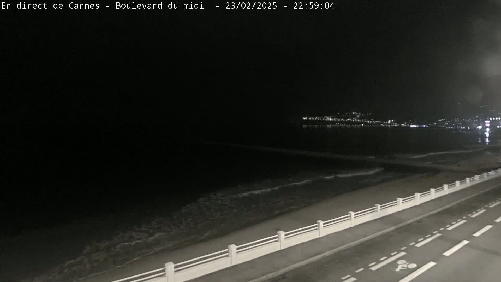 A nighttime coastal scene shows a dark ocean with small waves lapping a sandy shore, beside a road with a low white railing, and city lights visible in the distance.