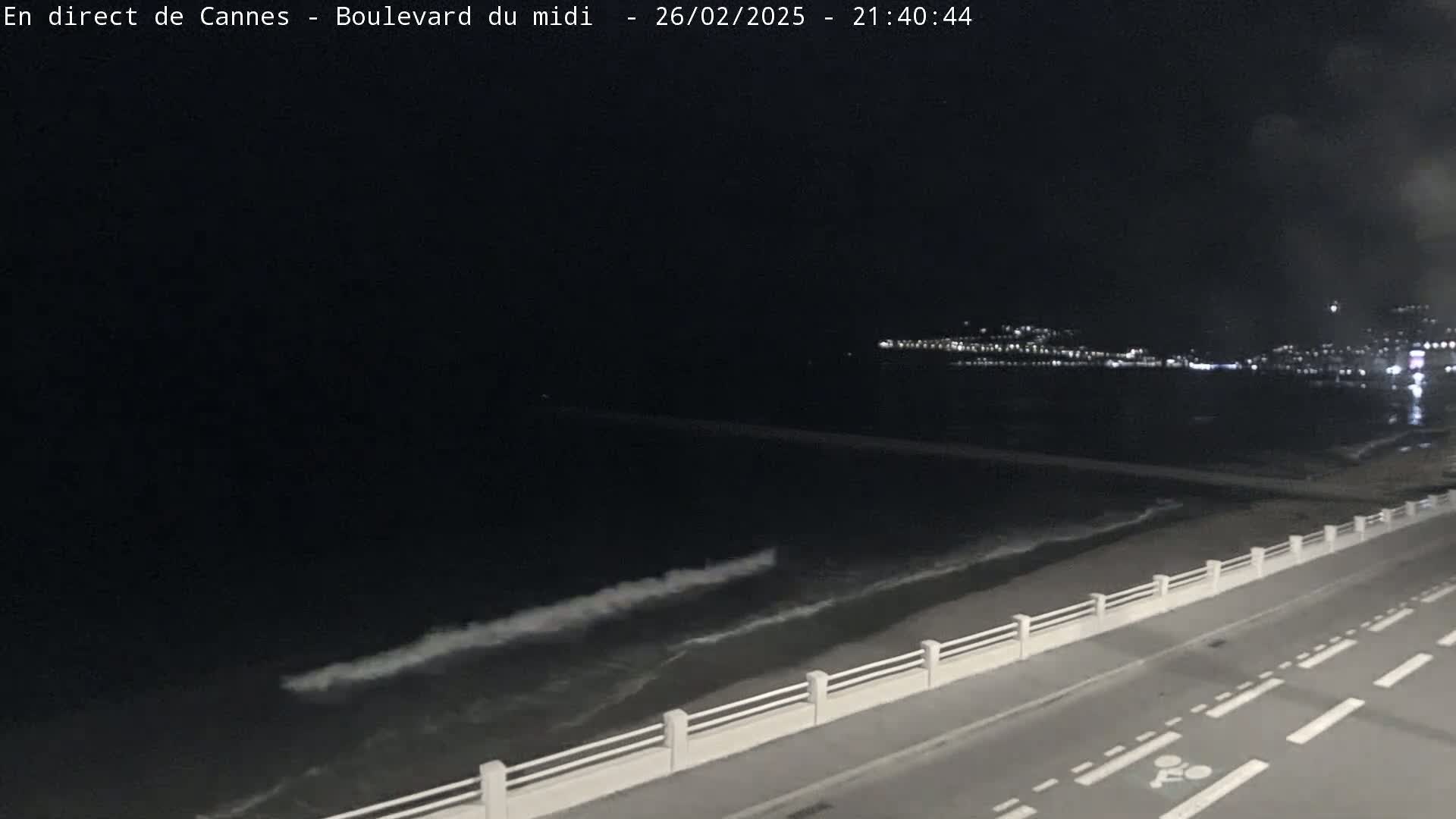 A nighttime view of a coastal road with a low white railing separating it from a dark ocean with small waves under a dark sky.