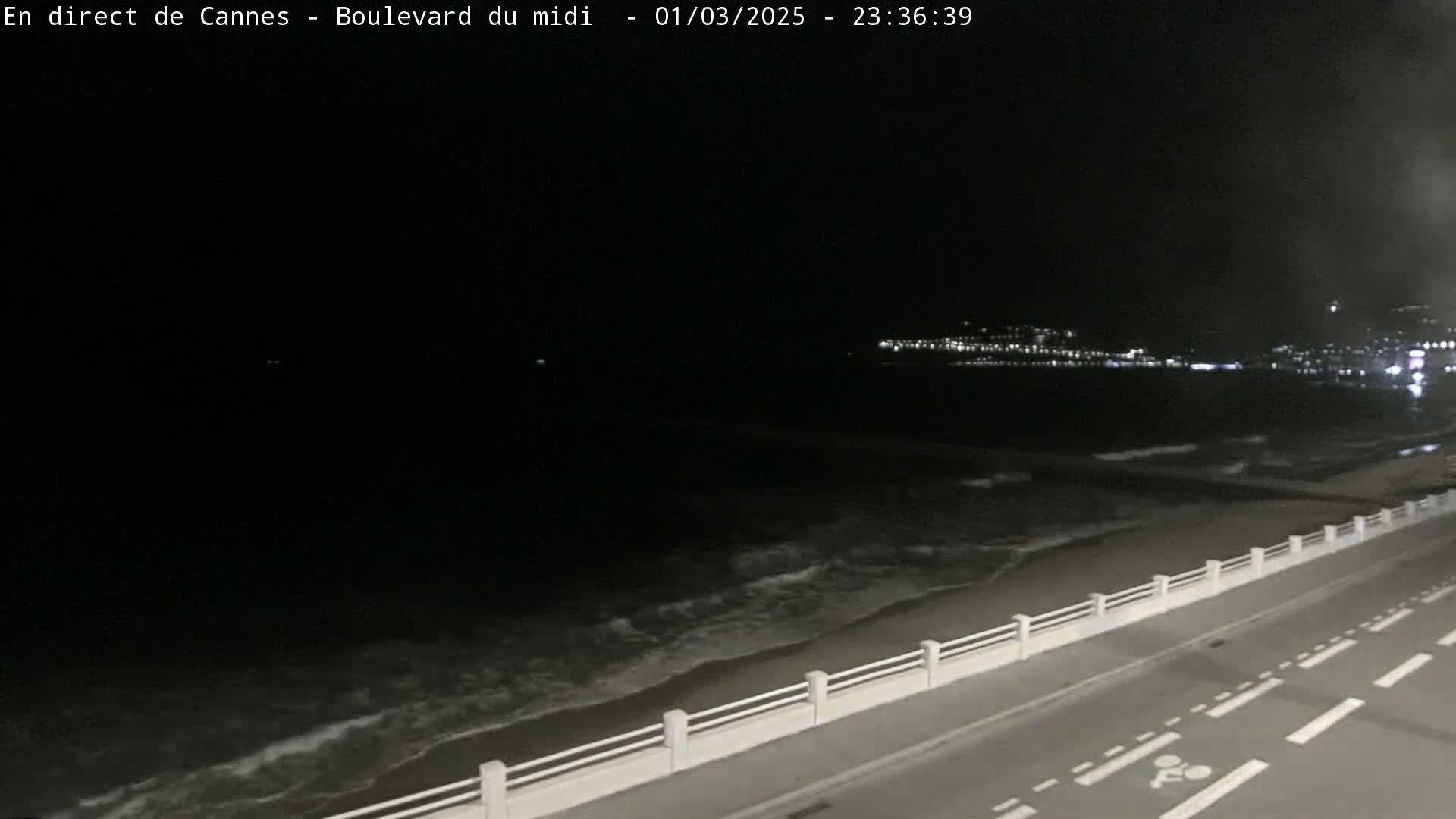 A nighttime view of a dark ocean with small waves lapping a shoreline next to a road with a low white railing, and distant city lights visible across the water.