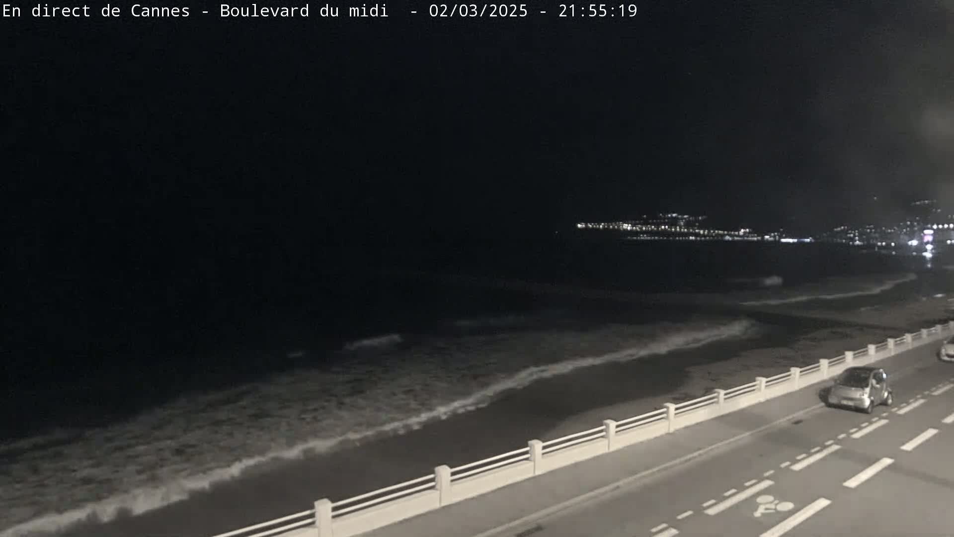A nighttime view of a dark ocean with small waves lapping a beach, next to a road with a few cars and a low white railing.