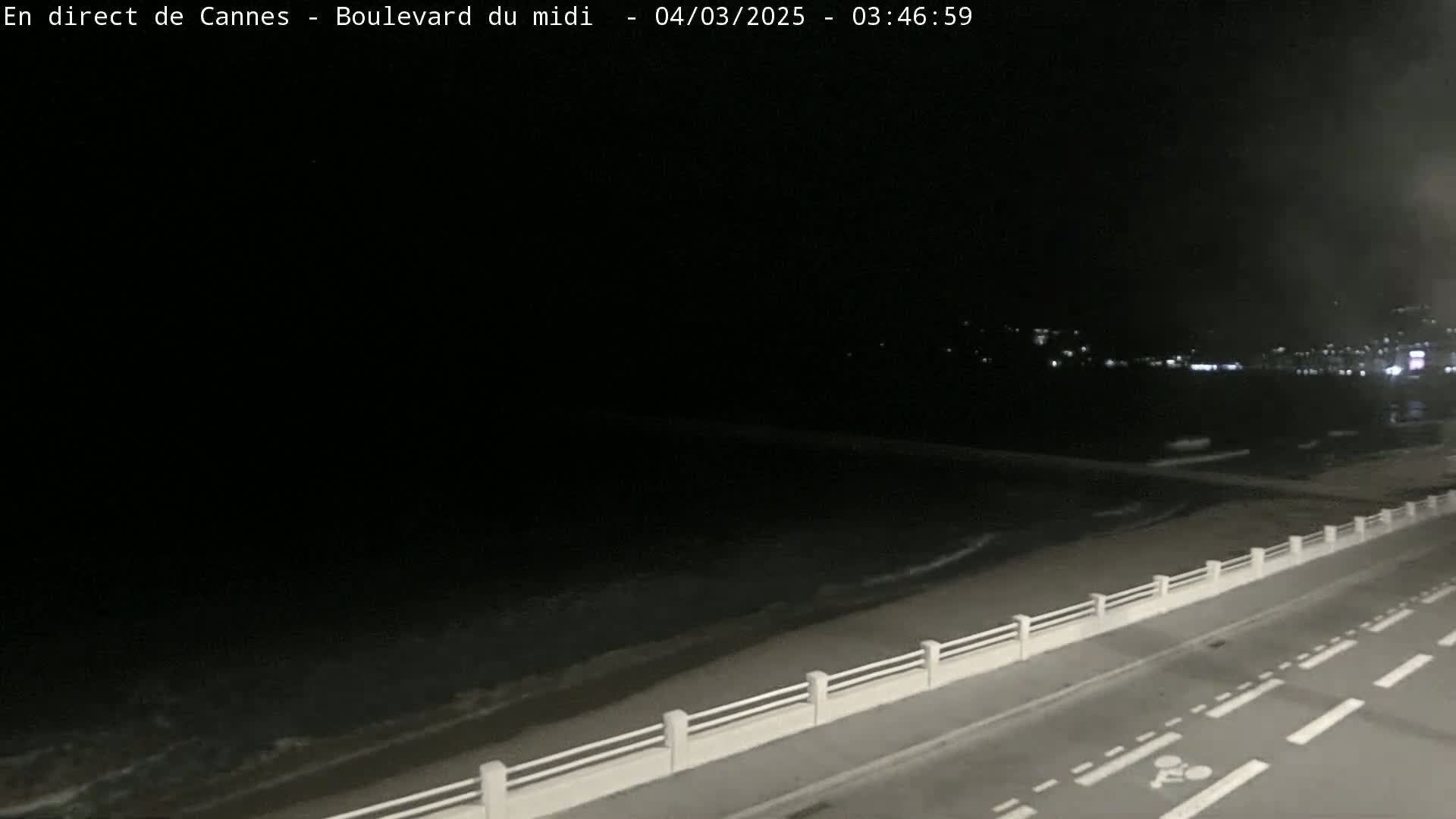 A nighttime coastal road with a low white railing separates it from a dark beach and gently lapping waves under a clear, dark sky.