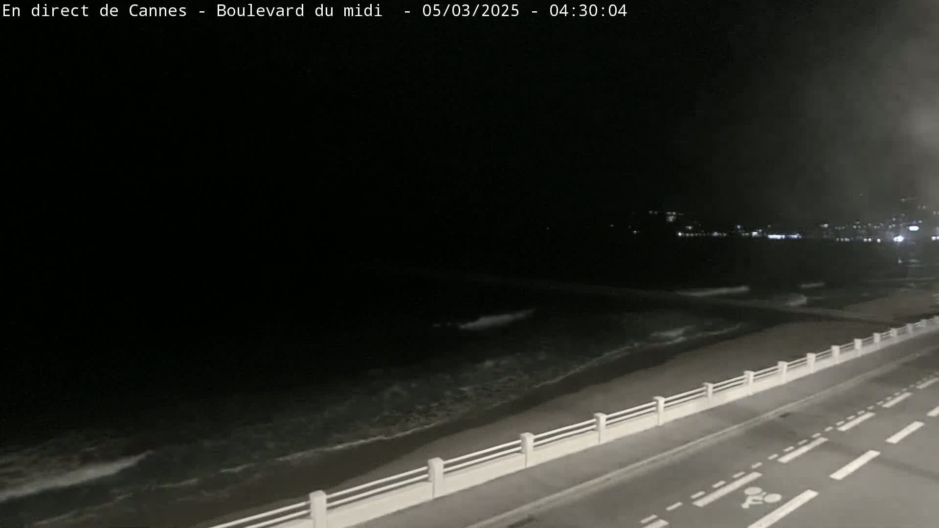 A nighttime view of a dark ocean with small waves lapping a shoreline next to a road with a low white railing.
