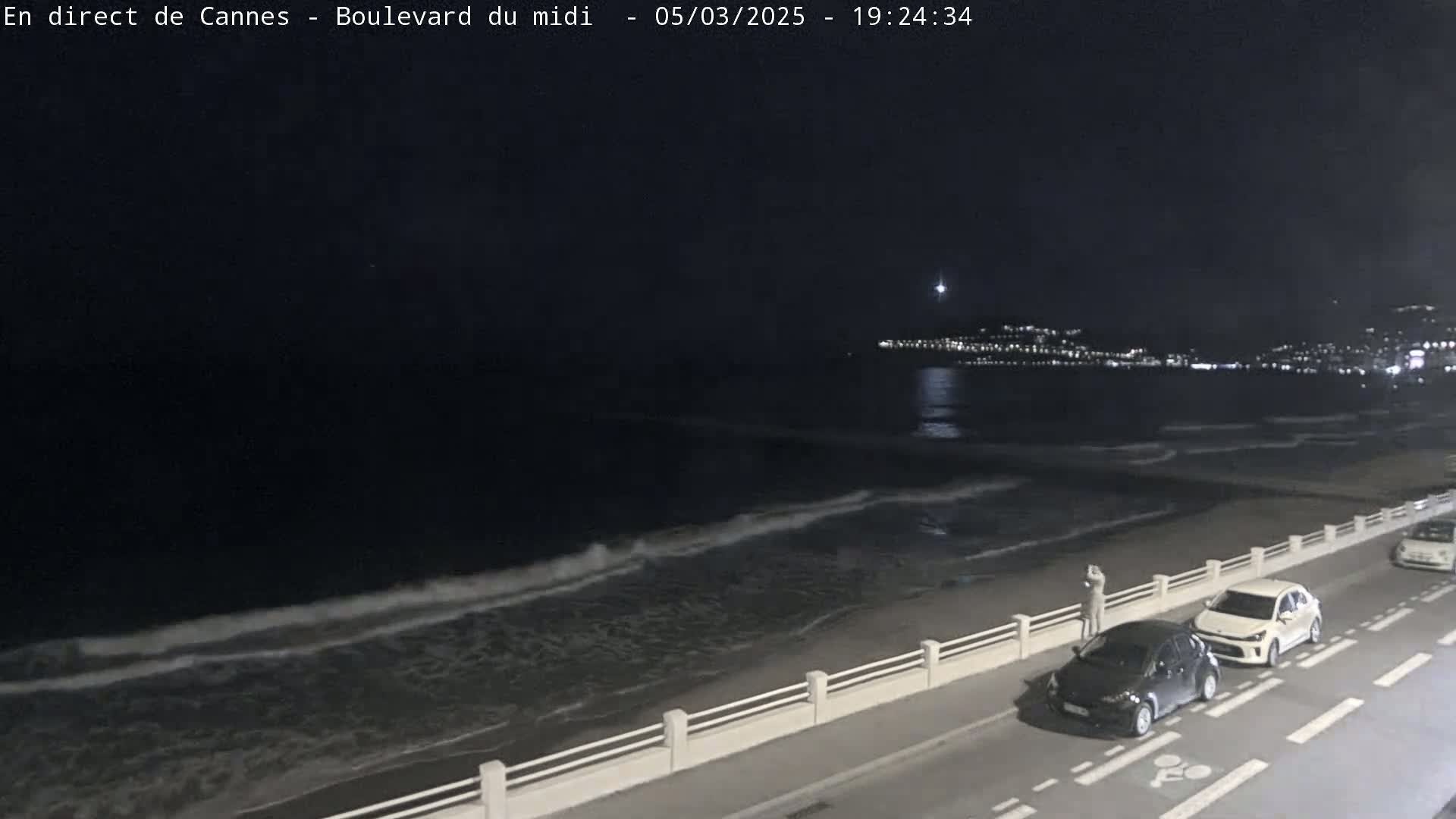 At night, gentle waves lap a shoreline under a clear sky, with cars parked along a roadside next to a low white wall.