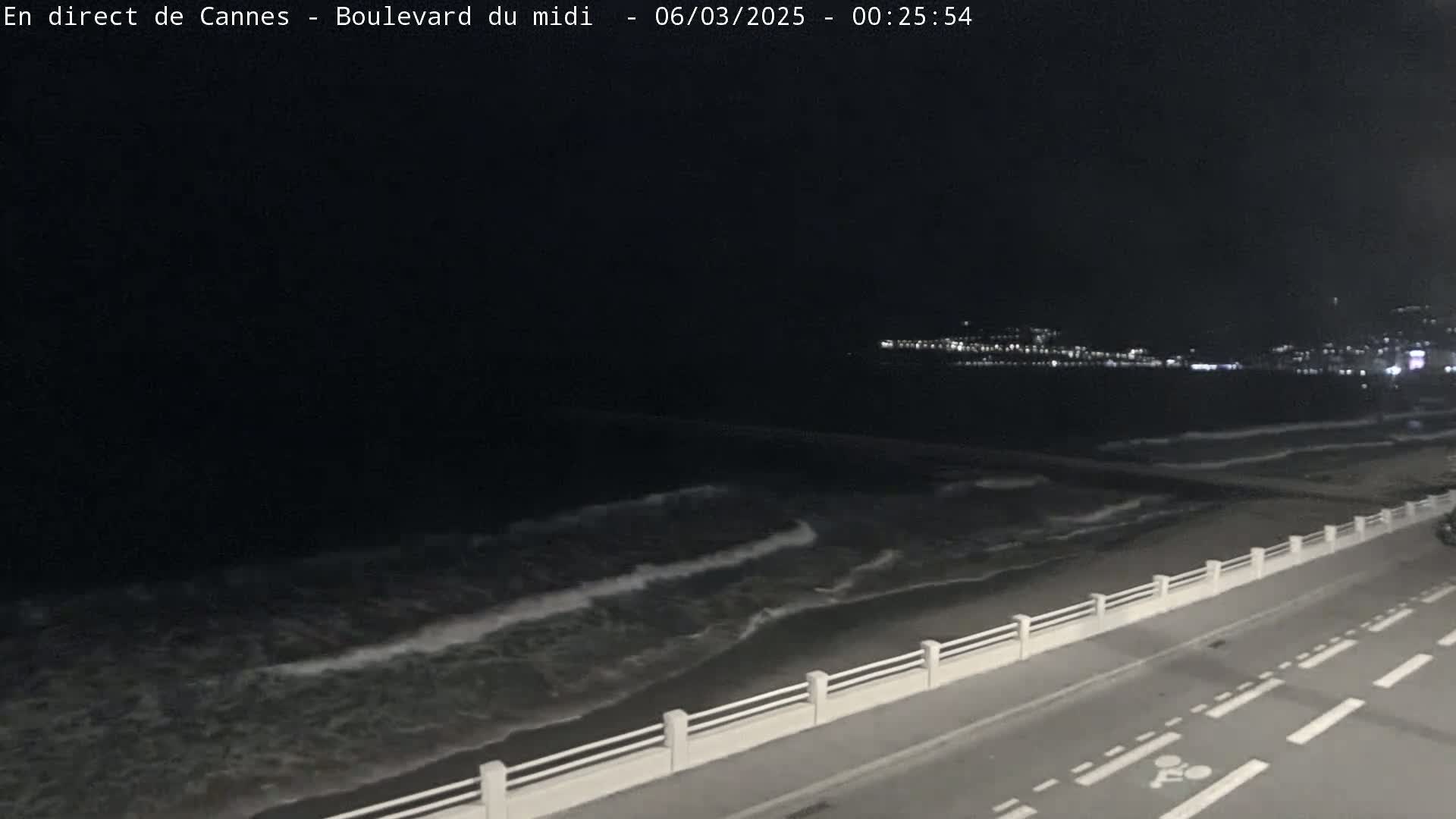A nighttime, seaside view shows gently rolling waves lapping a shoreline, next to a roadway with a low white railing.