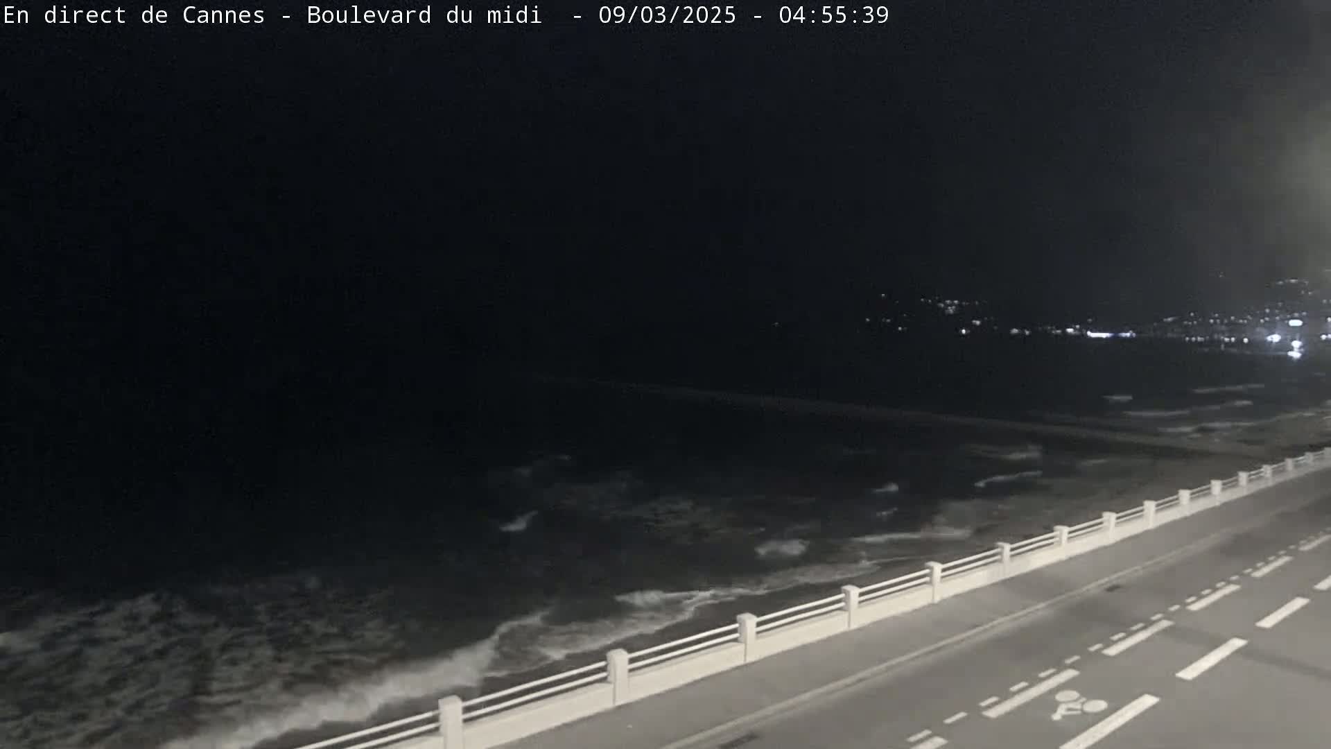 A nighttime view of a dark ocean with small waves lapping against a seawall next to a road.