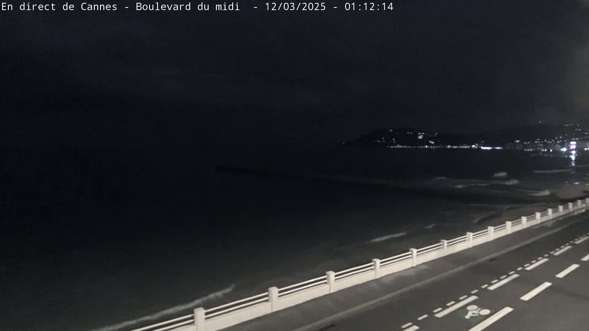 A nighttime view of a dark ocean with gentle waves lapping against a seawall next to a road.