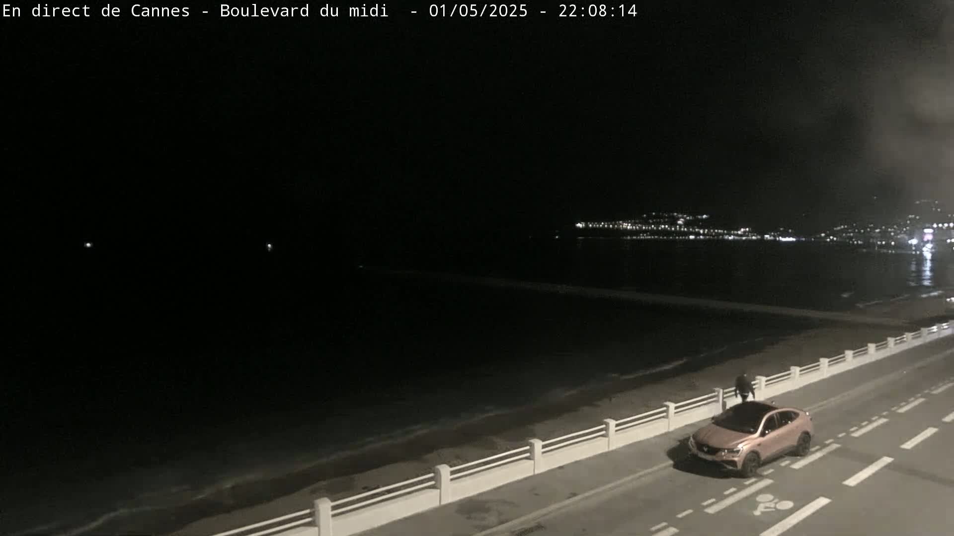 A nighttime, seaside view shows a car parked on a road next to a beach with a distant city skyline illuminated.
