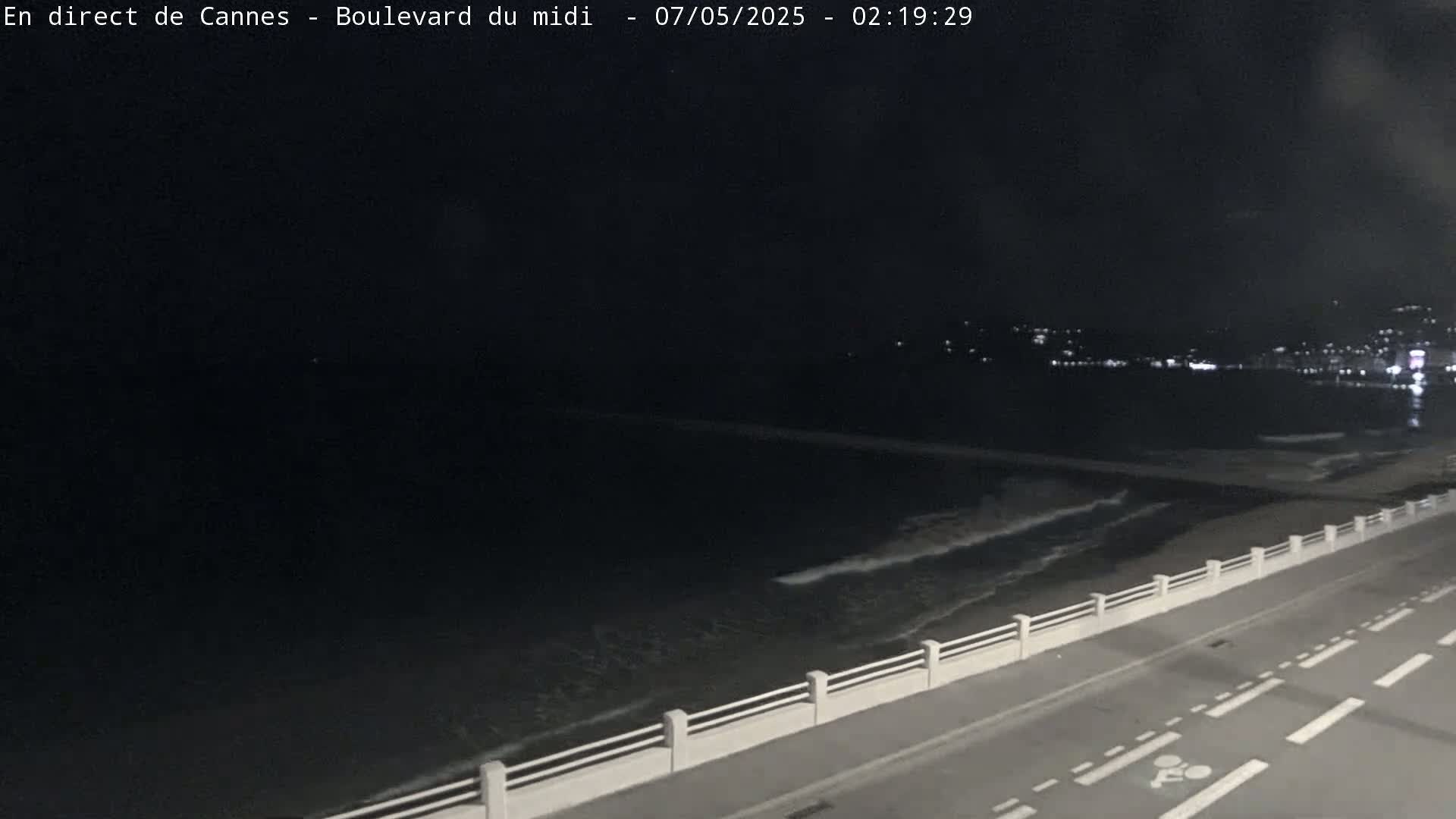 A nighttime view shows dark water with small waves lapping a shoreline with a road and white railing.