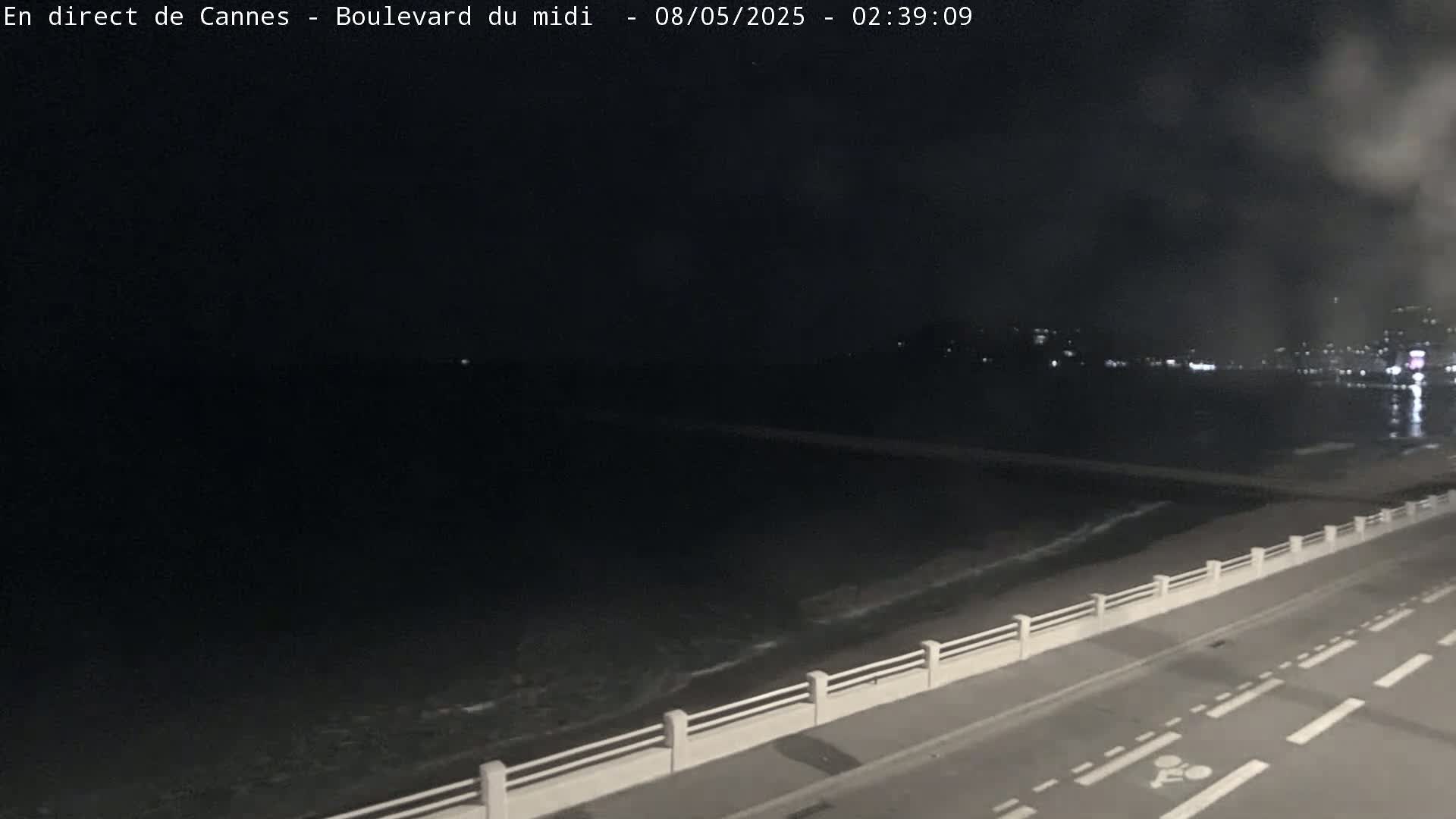 A dark nighttime scene shows a roadway next to a calm ocean with a distant city skyline faintly illuminated.