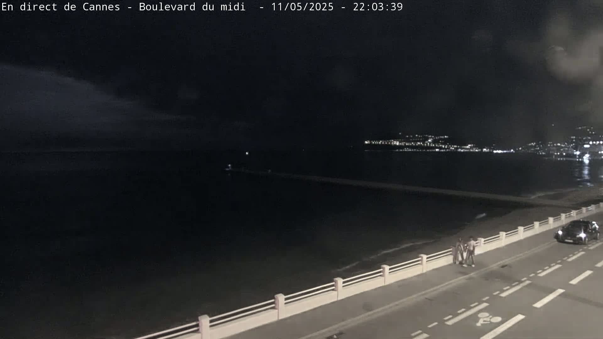 A nighttime coastal scene shows a dark body of water, a dimly lit city across the water, a road along the shore with a few pedestrians and a car, and a low white railing separating the road from the water.