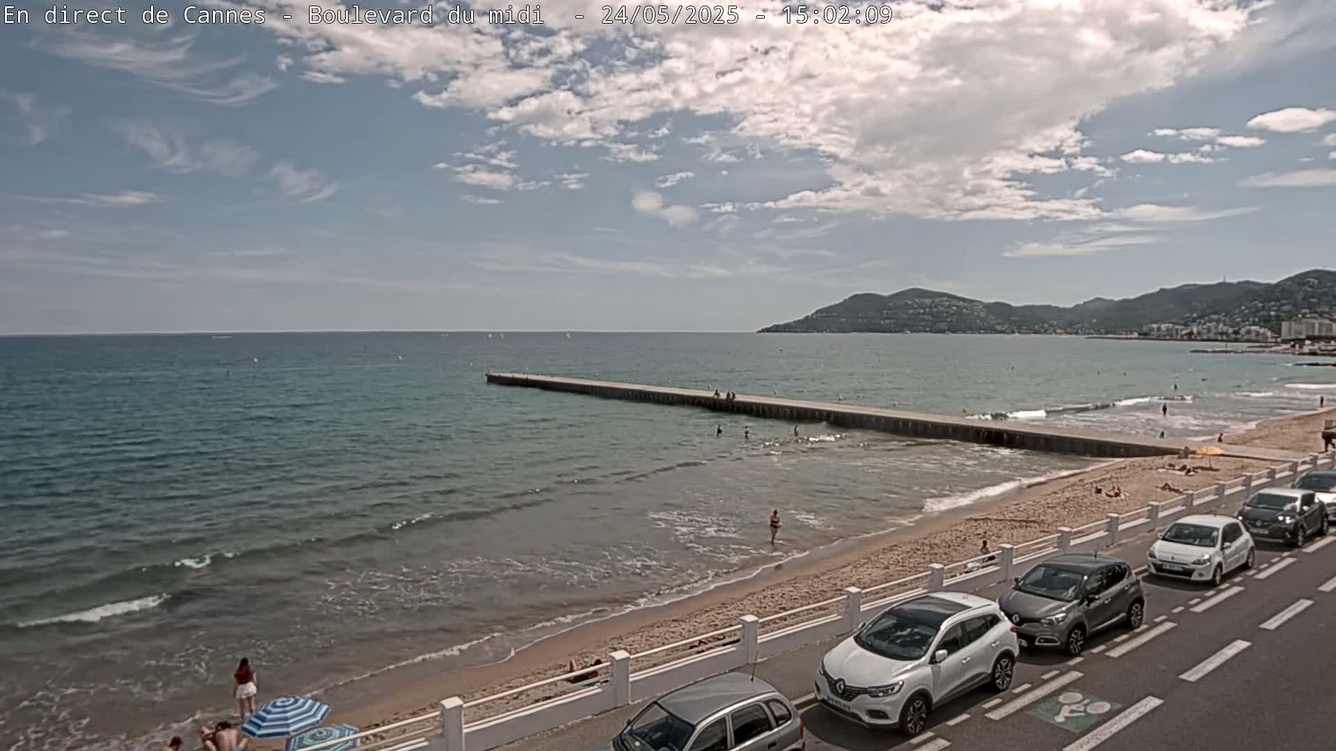 A partly cloudy day at a beach with calm water, a long pier, several people on the beach and in the water, and cars parked along the road.