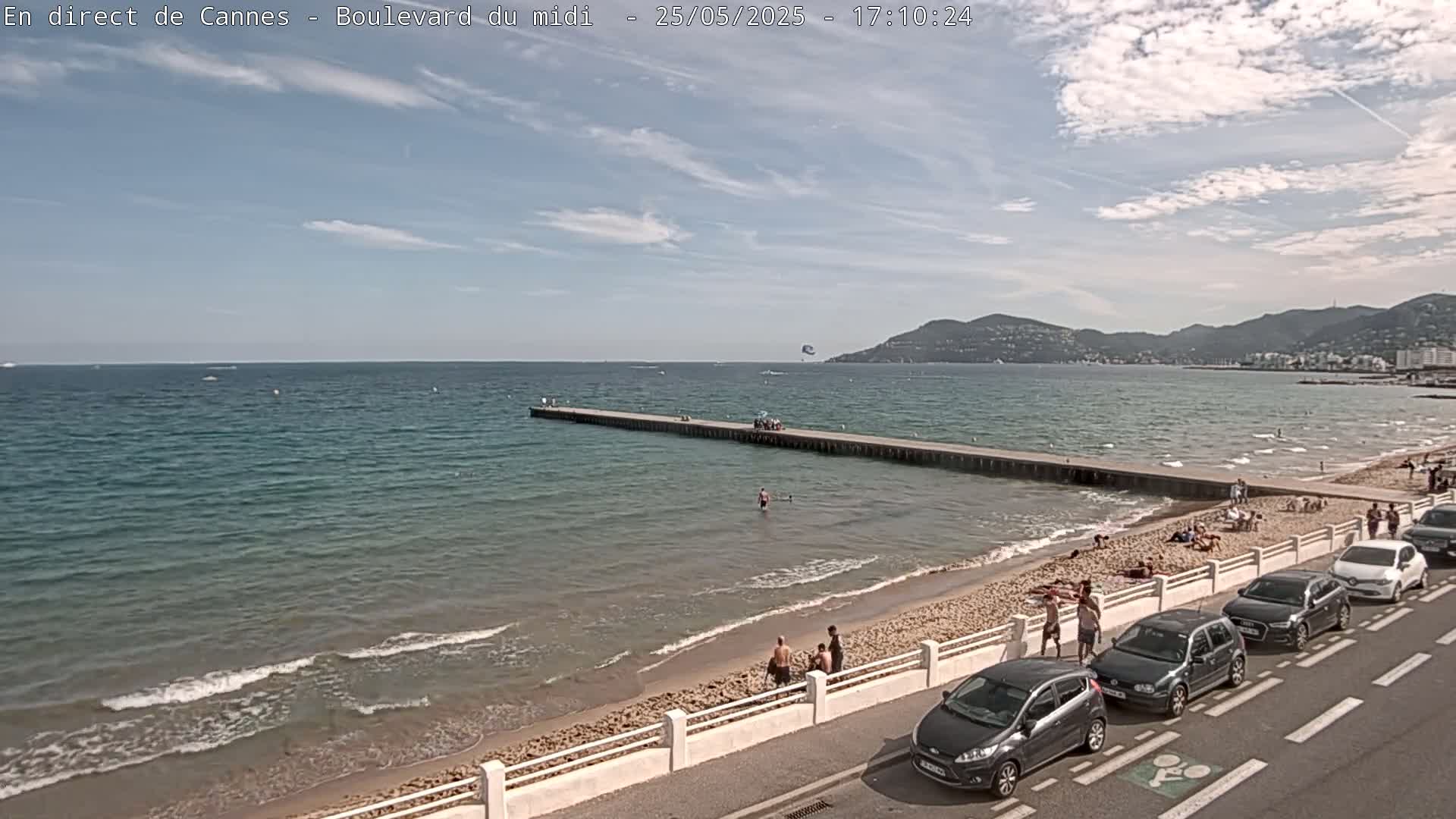 A partly cloudy day shows a sandy beach with people sunbathing and swimming near a pier extending into a calm sea, with cars parked along a road next to it and mountains in the distance.
