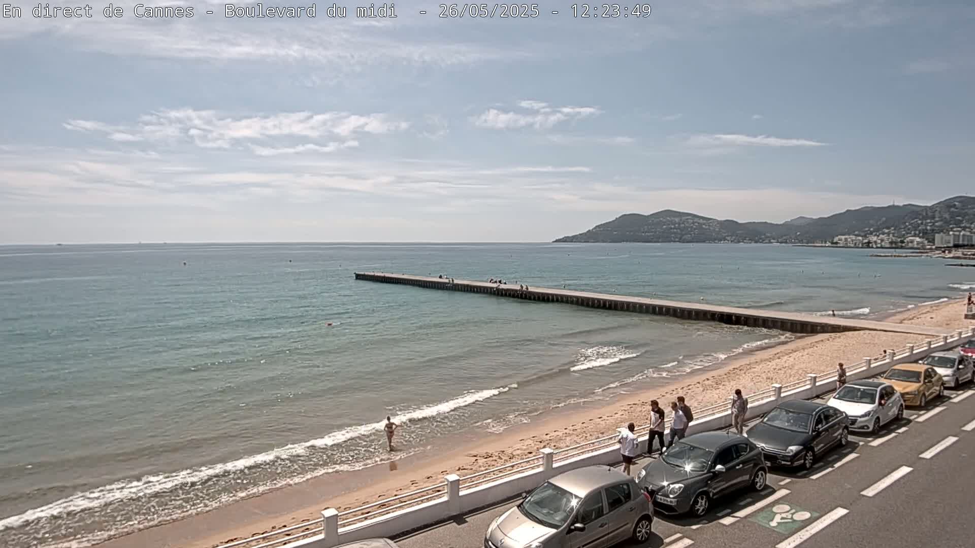 A sandy beach with calm ocean waves, a long pier, several people, and parked cars lines a road next to a calm sea under a partly cloudy sky.