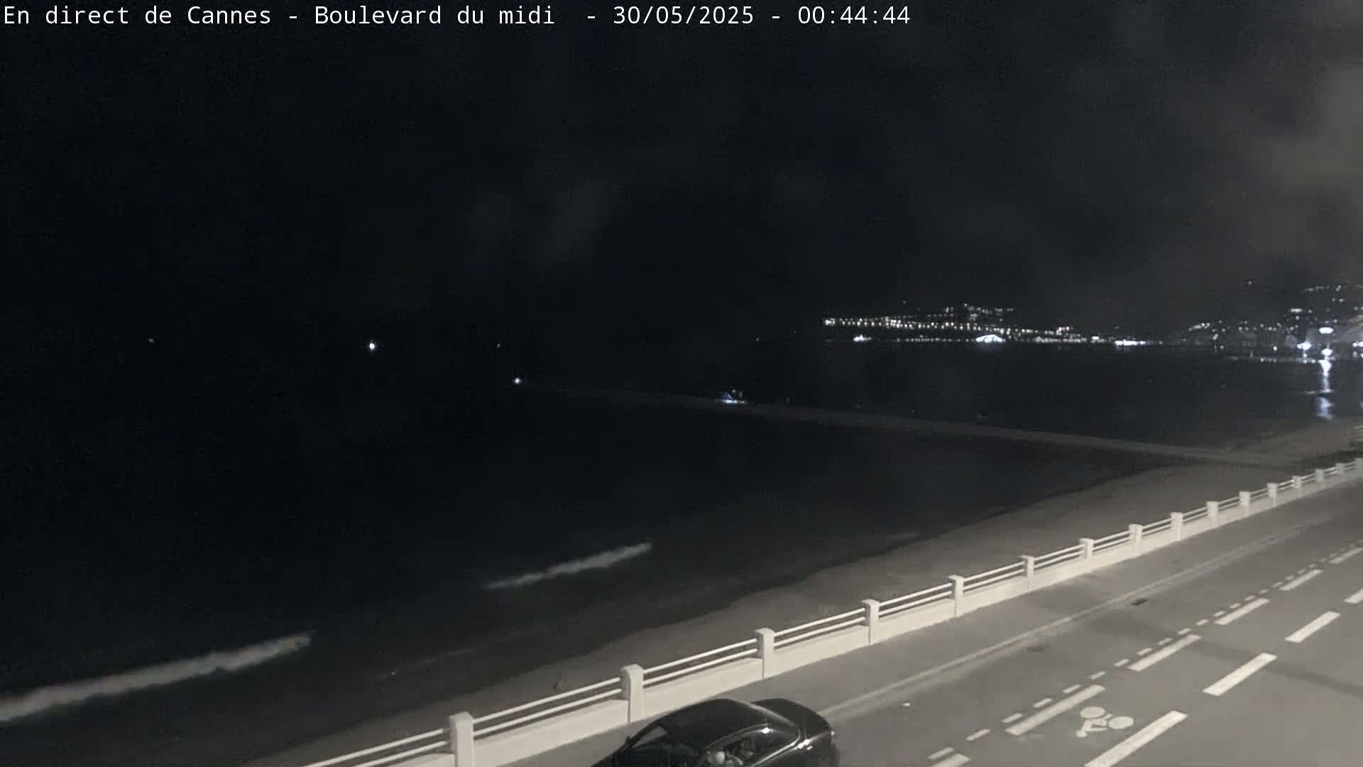 A nighttime view of a dark ocean with gentle waves, a beach, a roadway with a bike lane, and a distant city skyline illuminated by lights.