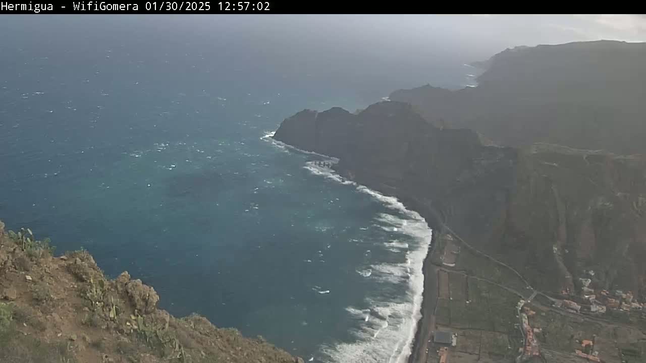 A high-angle, long shot shows a windy, overcast day overlooking a rocky coastline with crashing waves and a small village visible below.