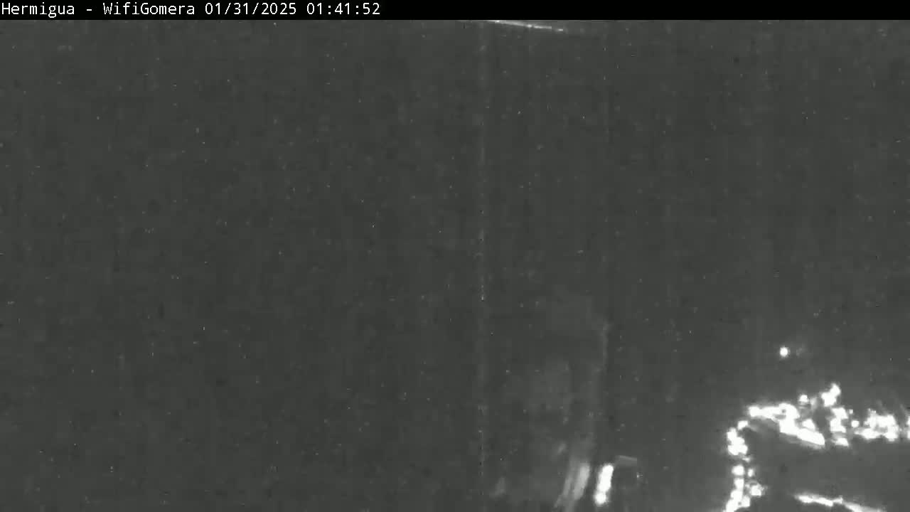 A grainy, low-light nighttime image shows a dark, mostly indistinct scene with a few bright lights visible in the lower right corner.