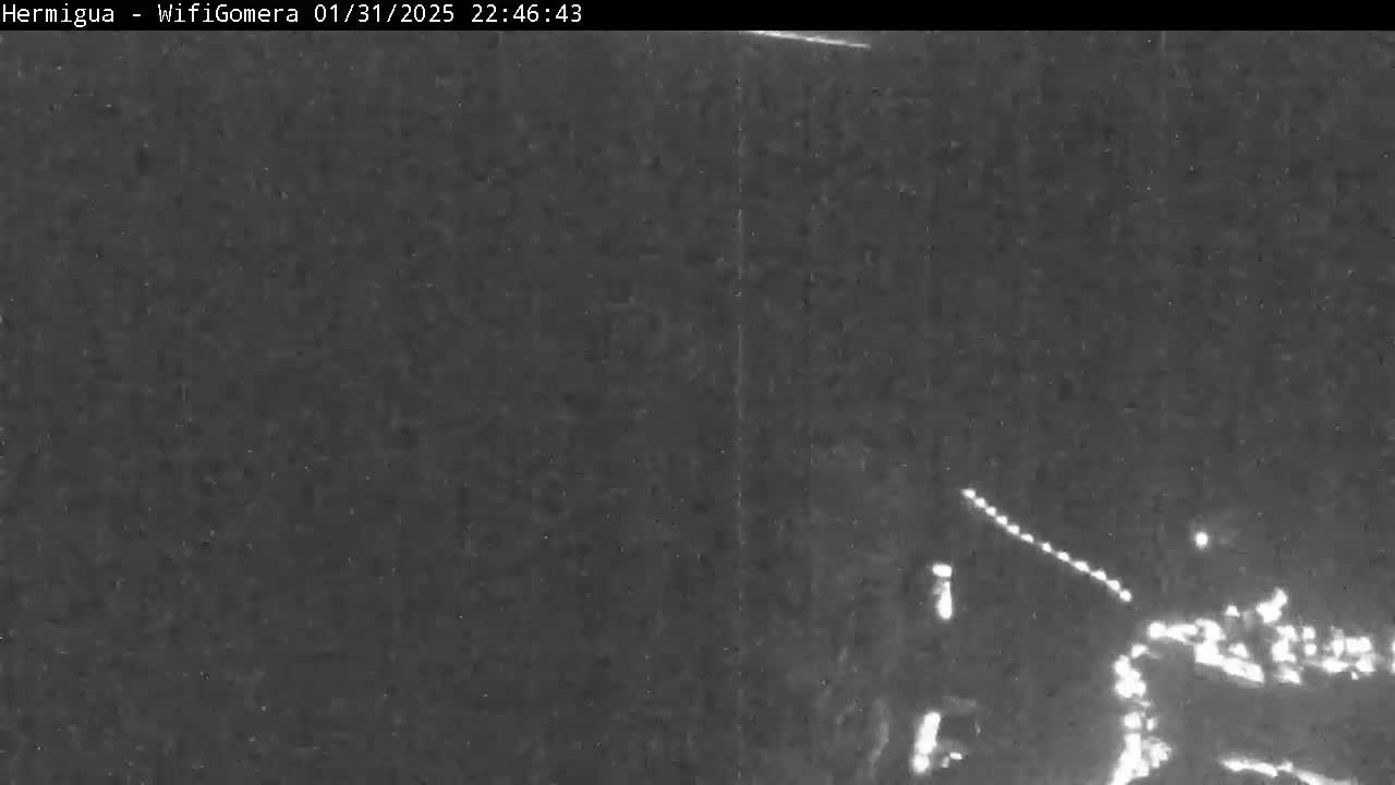 A low-light, grainy image shows a dark, possibly nighttime scene with a few bright lights visible in the bottom right corner.
