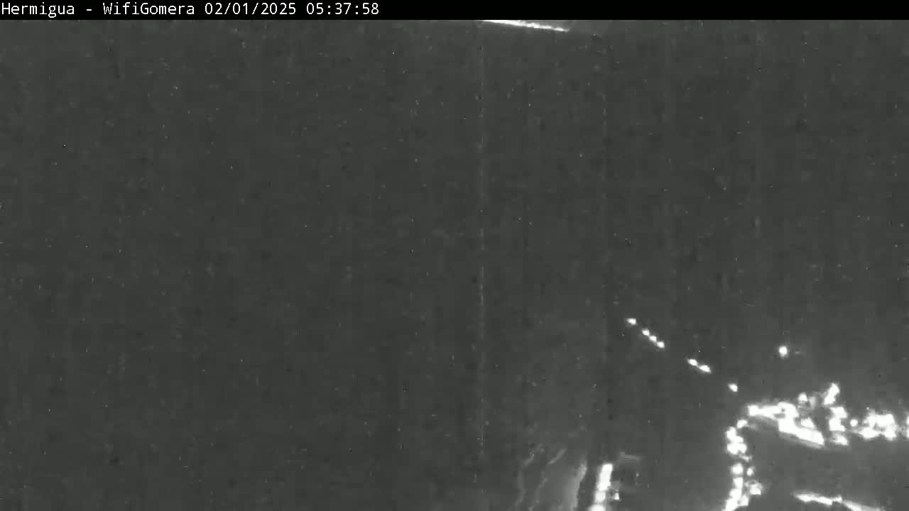 A nighttime, low-light image shows a dark scene with a few faint lights in the distance, possibly from vehicles.