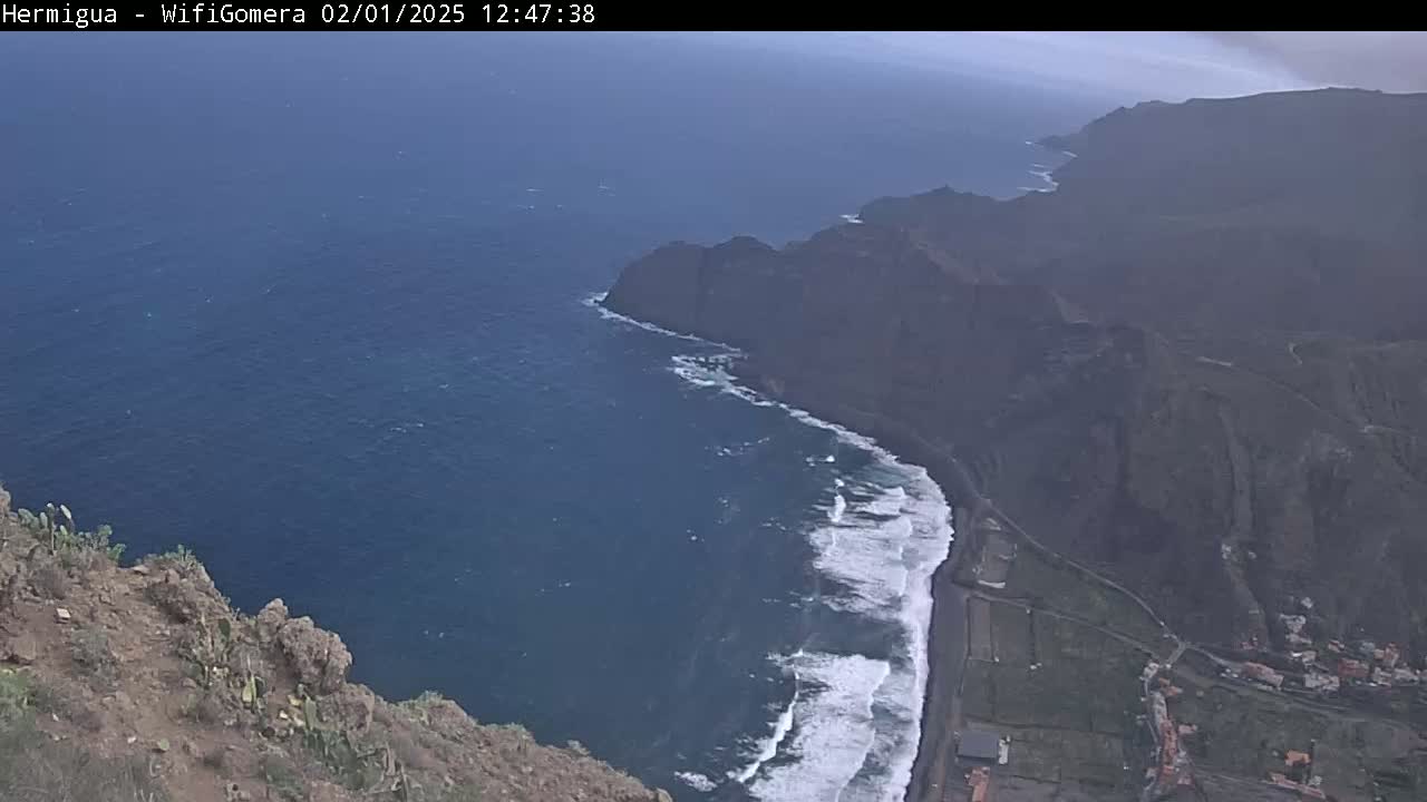 A high-angle view shows a dark-blue ocean meeting a dark-colored, rocky coastline with small waves breaking on a black sand beach; the weather appears overcast.