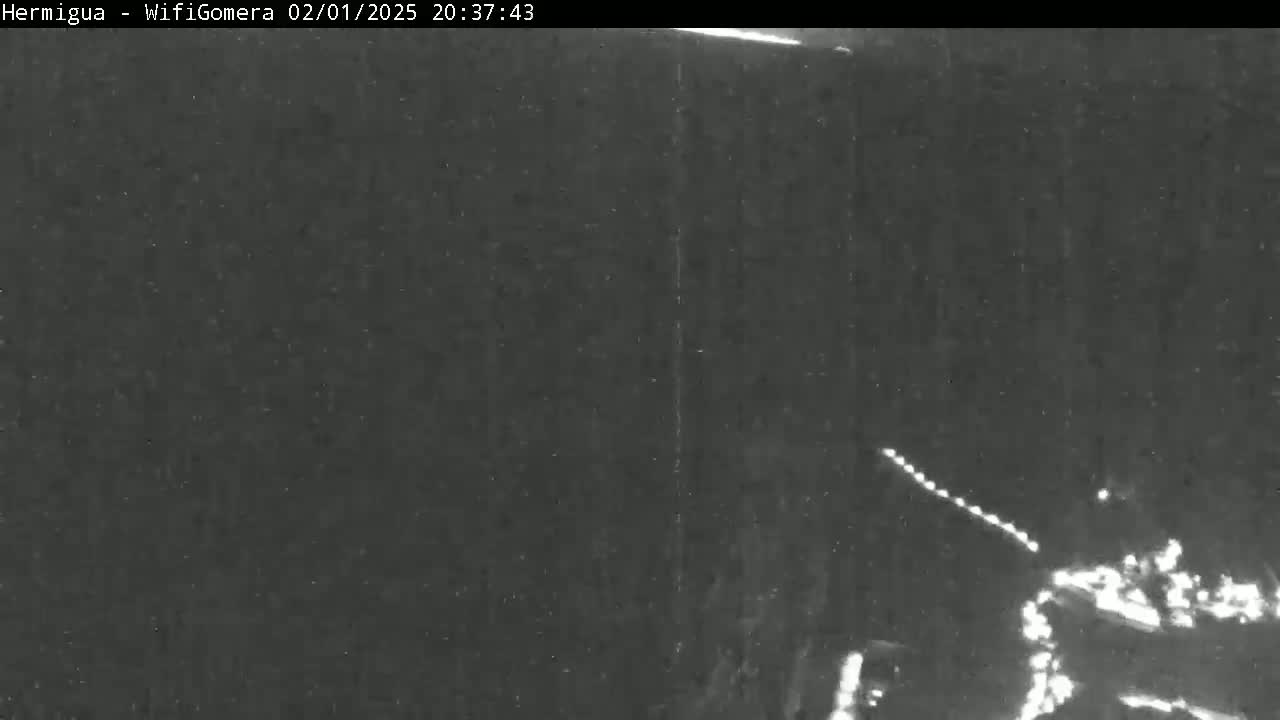 A nighttime, low-light image shows a dark, possibly overcast scene with faint lights visible in the lower right corner.