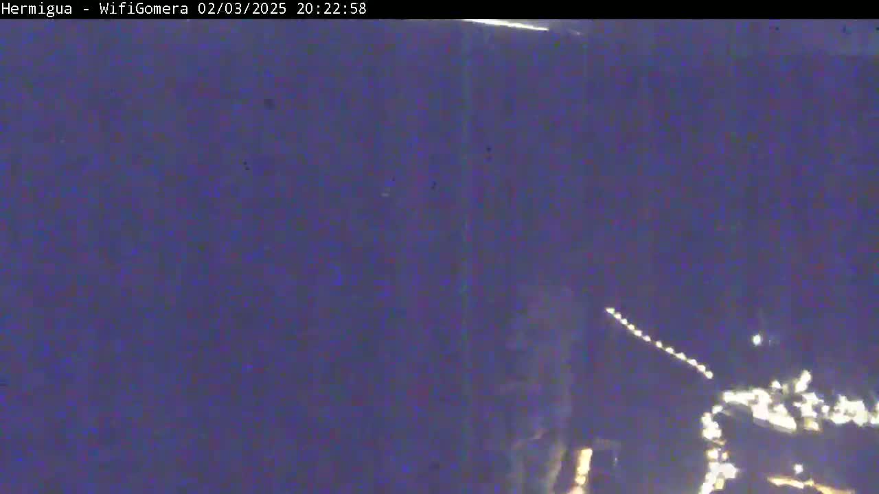 A nighttime, blurry image shows a string of lights in the distance, possibly city lights, against a dark purple sky.