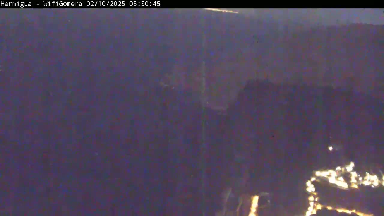 A blurry, nighttime image shows dimly lit, dark land and a few small lights in the bottom right corner.