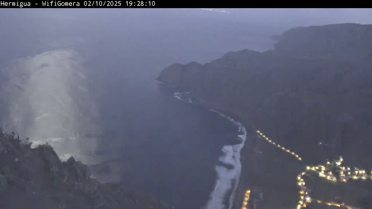 A hazy, twilight view shows a dark coastline with a dark ocean, featuring a lighter area near the shore possibly indicating waves, and lights visible along the coast.