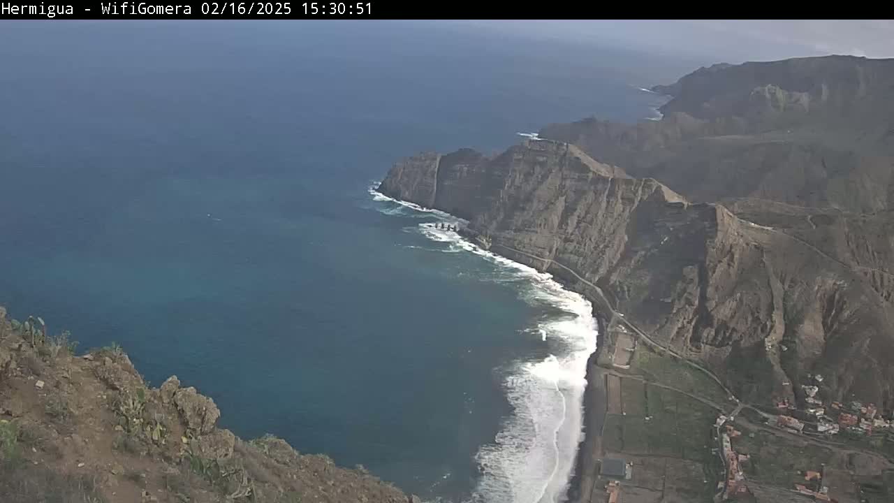A high-angle view shows a dramatic coastline with dark cliffs meeting a dark-blue ocean where white waves crash on a black sand beach; the weather appears overcast.