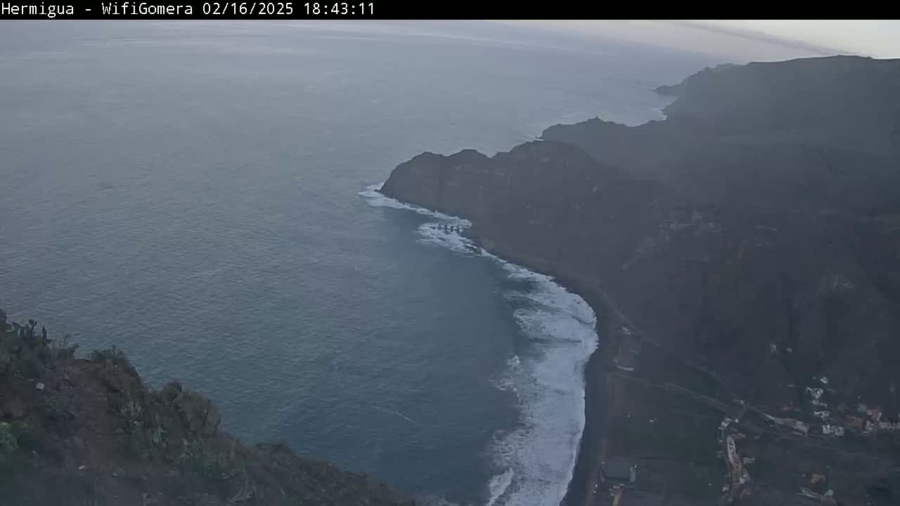 An ocean coast with dark volcanic cliffs and a dark-sand beach is partially shrouded in haze, with waves rolling onto the shore.