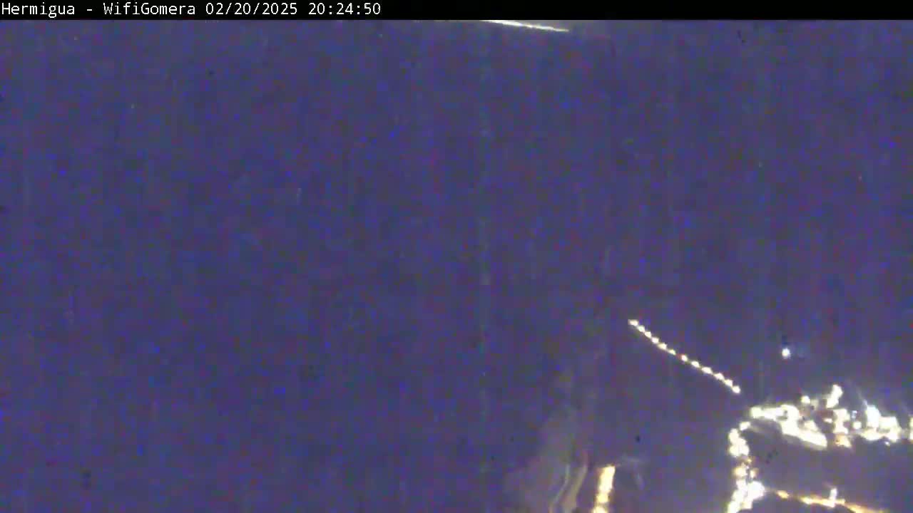A night-time, low-light view shows a cluster of lights in the distance, possibly a city or town, with a faint streak of light possibly a plane or meteor across a dark purple sky.