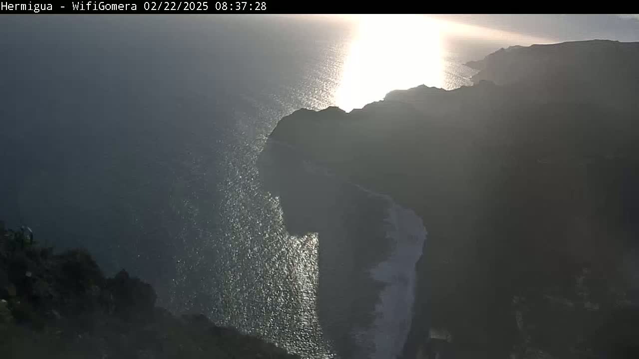 A high-angle, sunlit view shows a dark, rocky coastline meeting a sparkling ocean under a mostly clear sky.