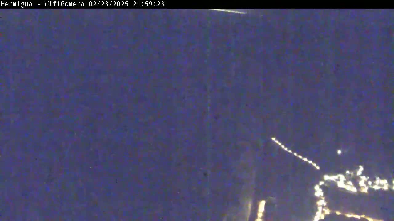 A dark, nighttime scene shows a distant collection of bright lights, possibly a town or city, under a clear, dark sky.