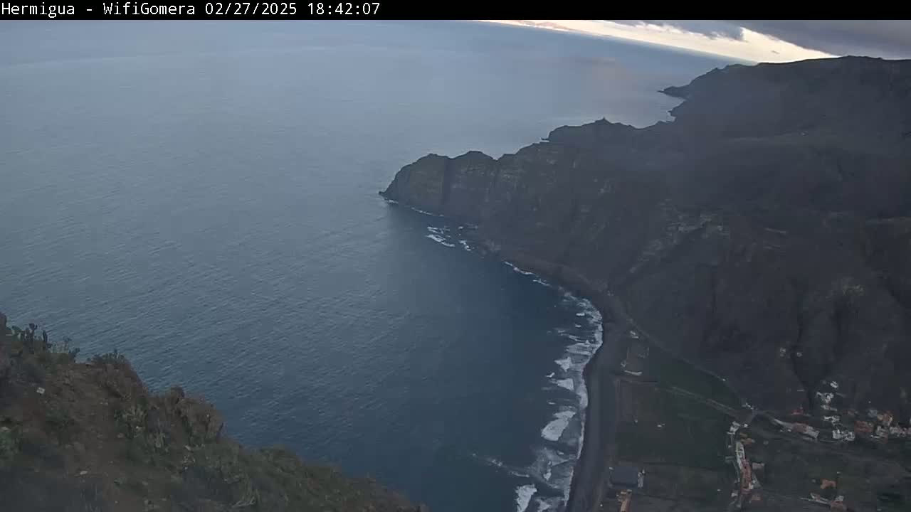 A high-angle view shows dark, rocky cliffs meeting a dark-blue ocean with small waves under an overcast sky.