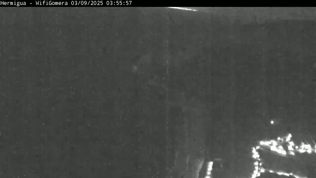 A nighttime, low-light image shows a dark, grainy scene with faint lights visible in the lower right corner.