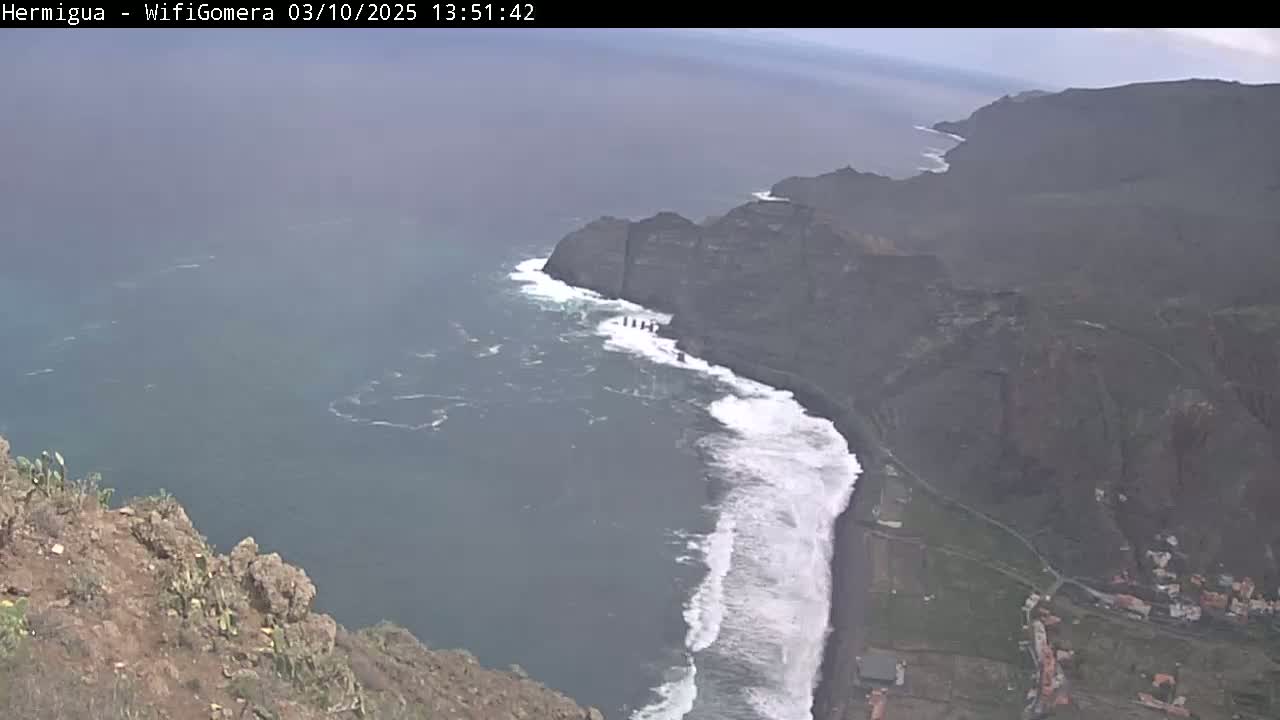 High-angle view of a dramatic coastline with dark cliffs, a dark-sand beach, and white waves crashing against the shore, under somewhat hazy conditions.