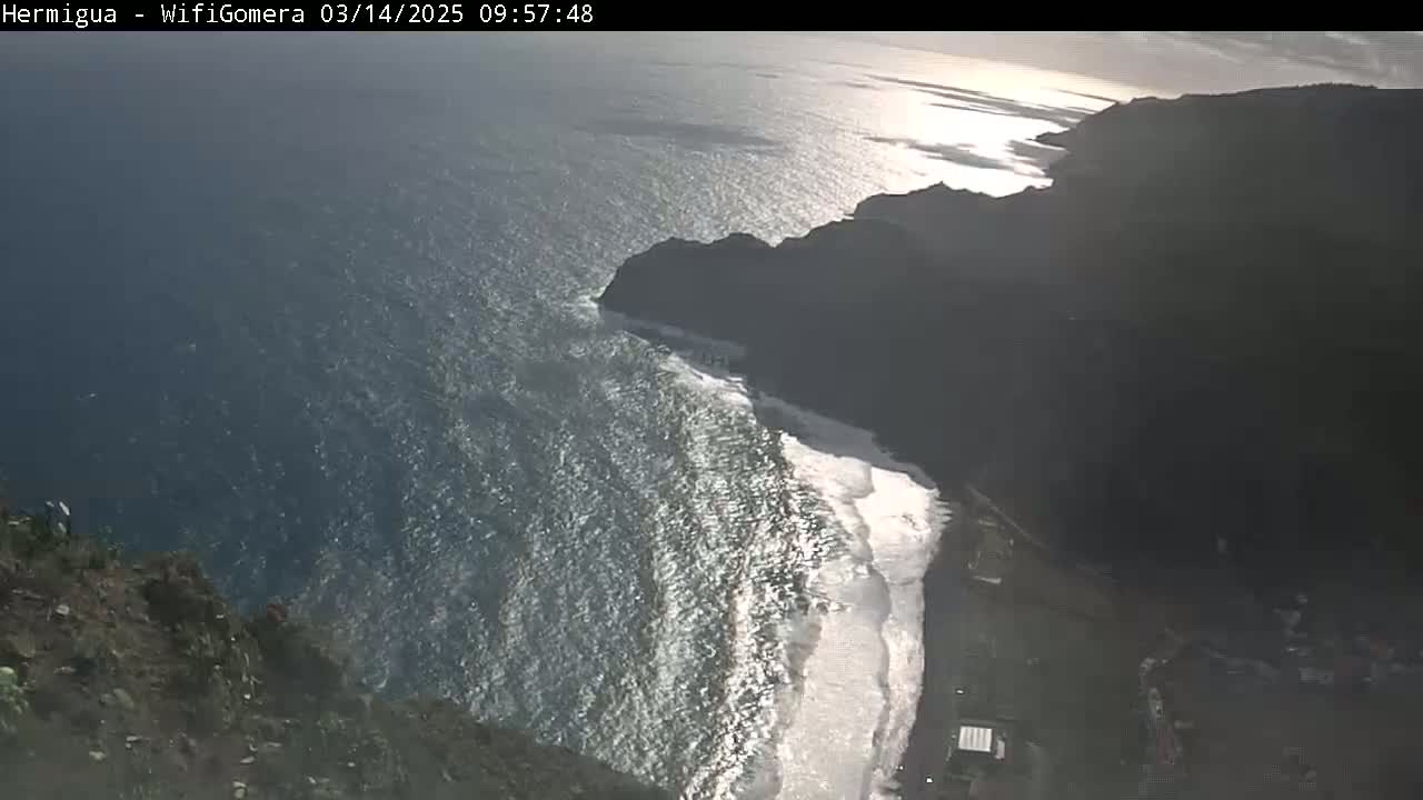 A high-angle, long shot shows a rocky coastline meeting a wavy ocean under a partly sunny sky.