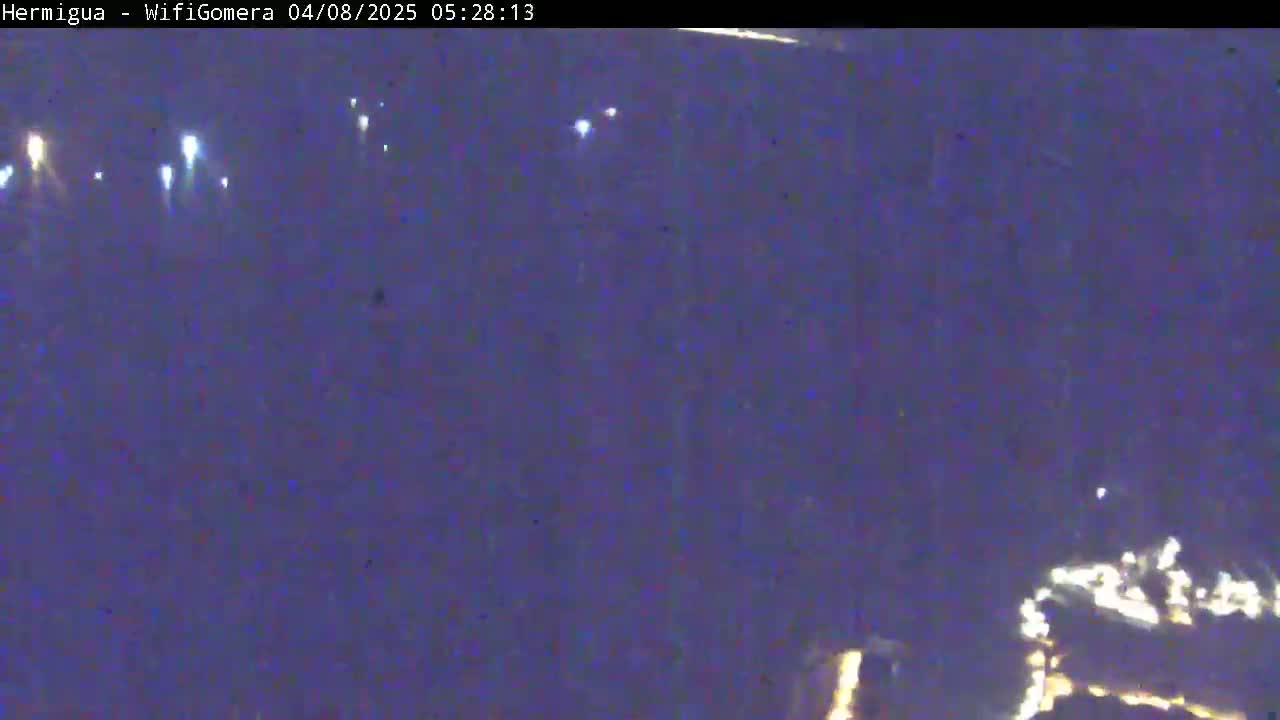 A nighttime, dark-purple, blurry view shows a few distant bright lights in the darkness.